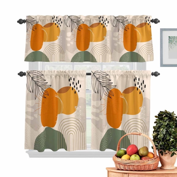 Abstract Geometric Kitchen Curtains Valances 3 Piece Set, Orange Green Yellow Circle Plants Beige Background Rod Pocket Tier Curtain and Valance Drapes for Small Window 24 Inch Length for Bedroom