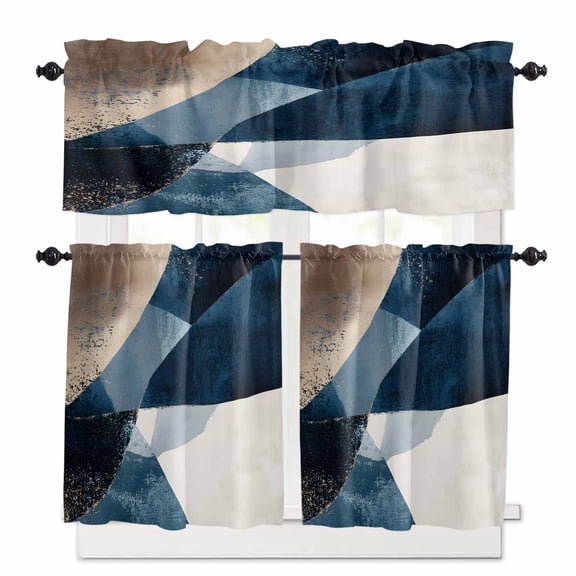 Abstract Geometric Kitchen Curtains and Valances Set, Dynamic Blue Gold Beige Art Rod Pocket Window Valance 18 Inch Window Curtain Panels for Living Room Bedroom Laundry, 27.5x24in, 3 Pieces