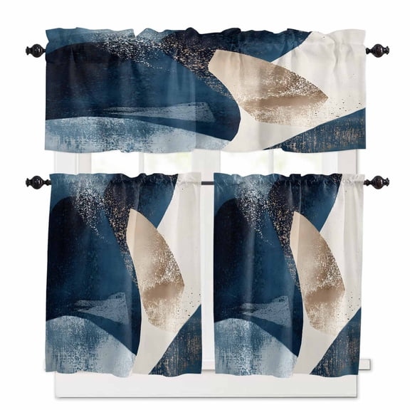 Abstract Geometric Kitchen Curtains and Valances Set, Dynamic Deep Blue Gold Art Rod Pocket Window Valance 18 Inch Window Curtain Panels for Living Room Bedroom Laundry, 27.5x24in, 3 Pieces