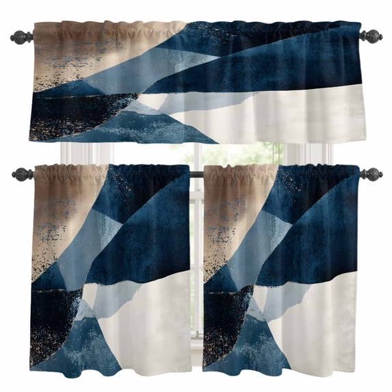 Abstract Geometric Kitchen Curtains Valances and Tiers Set of 3 Dynamic Blue Gold Beige Art Tier Curtains and Valance with Rod Pocket for Small Windows, 27.5"x36"