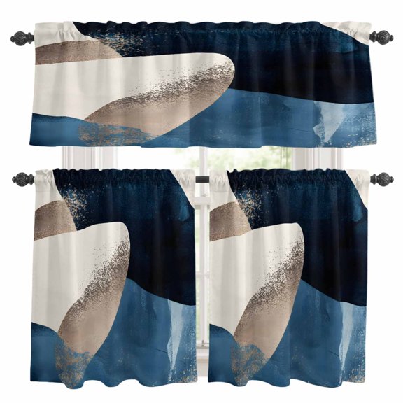 Abstract Geometric Kitchen Curtains Valances and Tiers Set of 3 Dynamic Gold Deep Blue Art Tier Curtains and Valance with Rod Pocket for Small Windows, 27.5"x24"