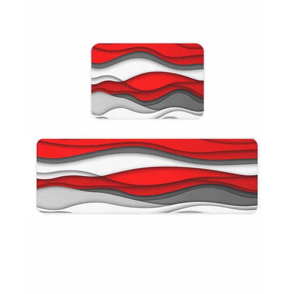 Abstract Geometric Kitchen Mats for Floor 2 Piece, Red Gray Gradient Waves Contemporary Absorbent Non-Slip Kitchen Rugs Comfort Standing Mat for Laundry, Hallways 20"x24"+20"x48"
