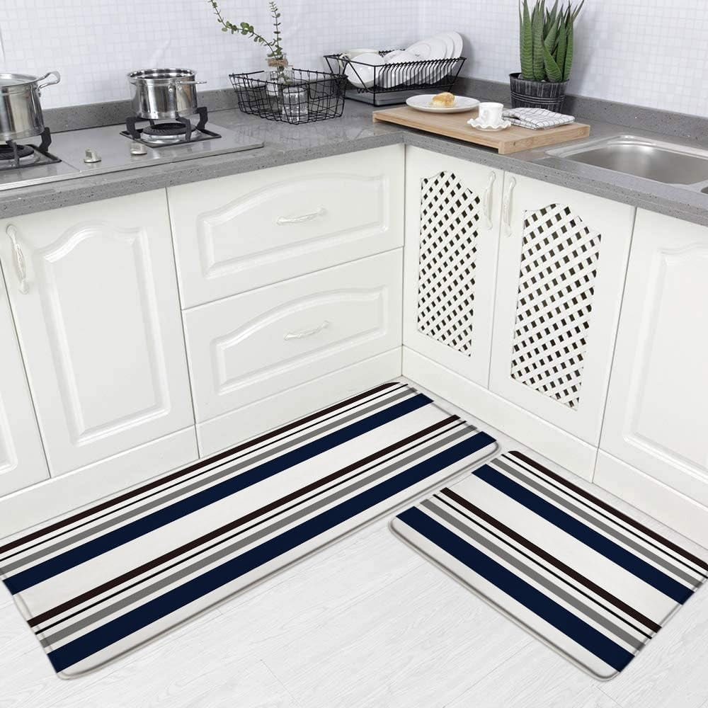 Abstract Geometric Kitchen Rugs 2 Piece Set Blue Gray Black White Geometry Squares Modern Fashion Bath Mat Bedroom Floor Mat Laundry Room Sink Carpet