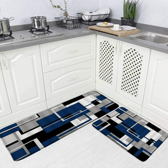 Abstract Geometric Kitchen Rugs 2 Piece Set Blue Gray Black White Geometry Squares Modern Fashion Bath Mat Bedroom Floor Mat Laundry Room Sink Carpet