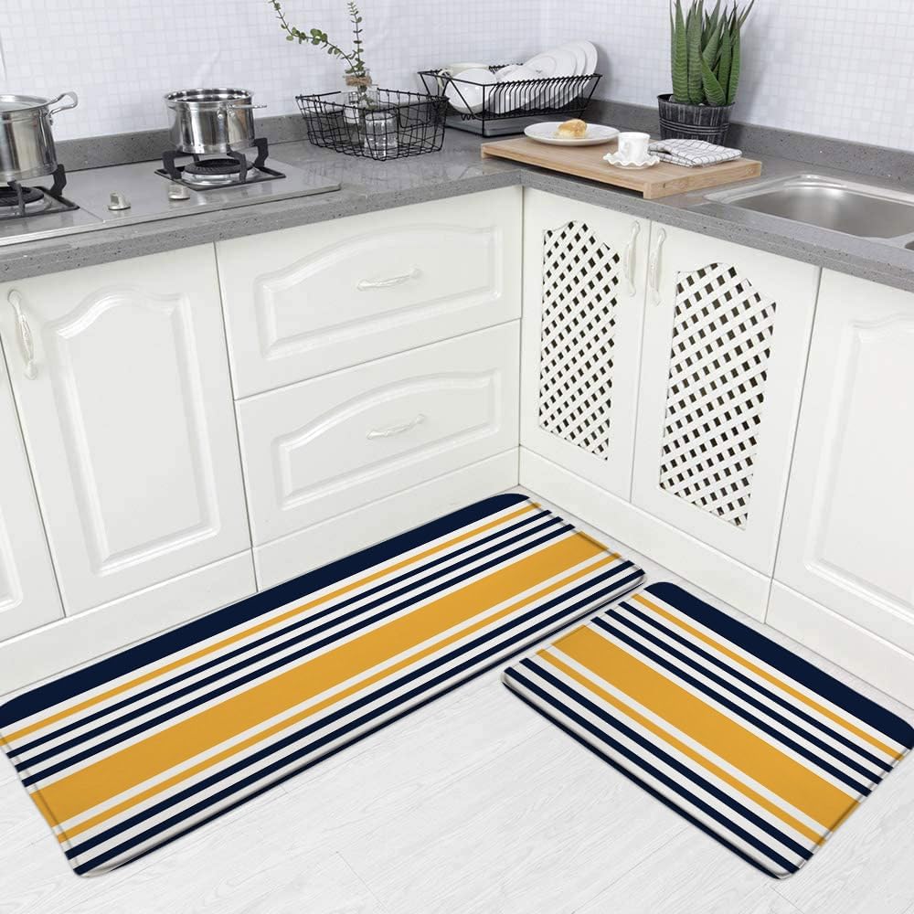 Abstract Geometric Kitchen Rugs 2 Piece Set Orange Yellow Black White Geometry Squares Modern