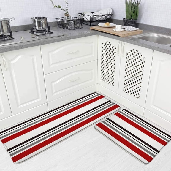 Abstract Geometric Kitchen Rugs 2 Piece Set Red Gray Black White Geometry Squares Modern Fashion Bath Mat Bedroom Floor Mat Laundry Room Sink Carpet