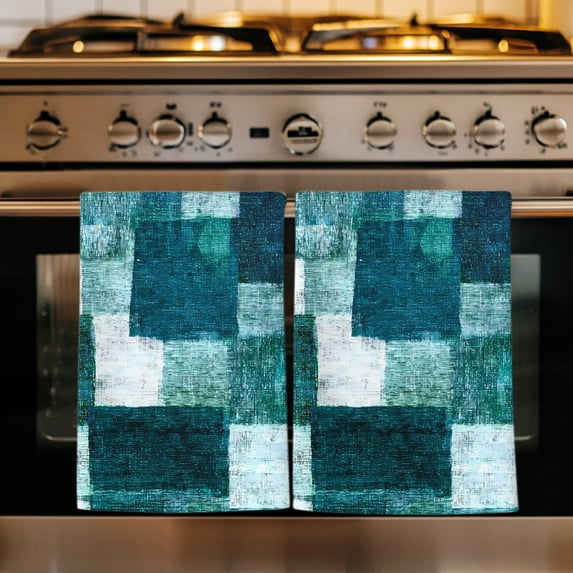 Abstract Geometric Kitchen Towels Set of 3, Vintage Minimalist Patchwork Art Teal Green Absorbent Dish Towels for Kitchen, Microfiber Hand Towel, Quick Drying Tea Towel for Cleaning Dishcloths
