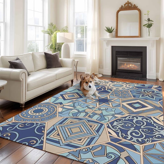 Abstract Geometric Large Area Rugs 5x8 ft Blue Yellow Flower Polygon Patchwork Art Washable Rug Non Slip Indoor Carpet Absorbent Floor Mat for Living Room Bedroom Dining Room