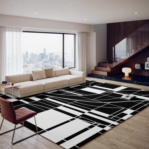 Abstract Geometric Lattice Pattern Large Area Rug 8x10ft, Washable Non-Slip Low Pile Rug Black White Stripe Square Soft Non-Slip Carpet, Indoor Carpet for Entryway Bedside Dorm