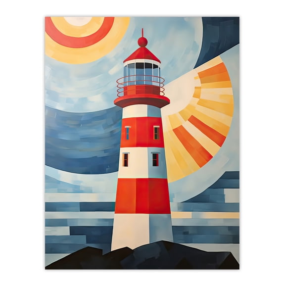Abstract Geometric Lighthouse Oil Painting Red Orange Blue Colour Gradient Sun Rays Reflecting on Lens Unframed Wall Art Print Poster Home Decor Premium