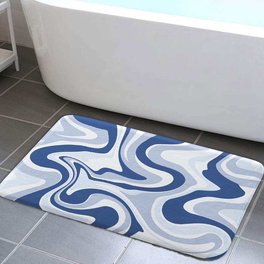 Abstract Geometric Line Bath Mat for Bathroom,Retro 70S Navy Blue Bath