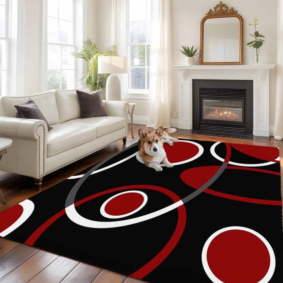 Abstract Geometric Lines Area Rugs 5x7 ft Circular Texture Red Black Retro Washable Rug Non Slip Indoor Carpet Absorbent Floor Mat for Living Room Bedroom Dining Room