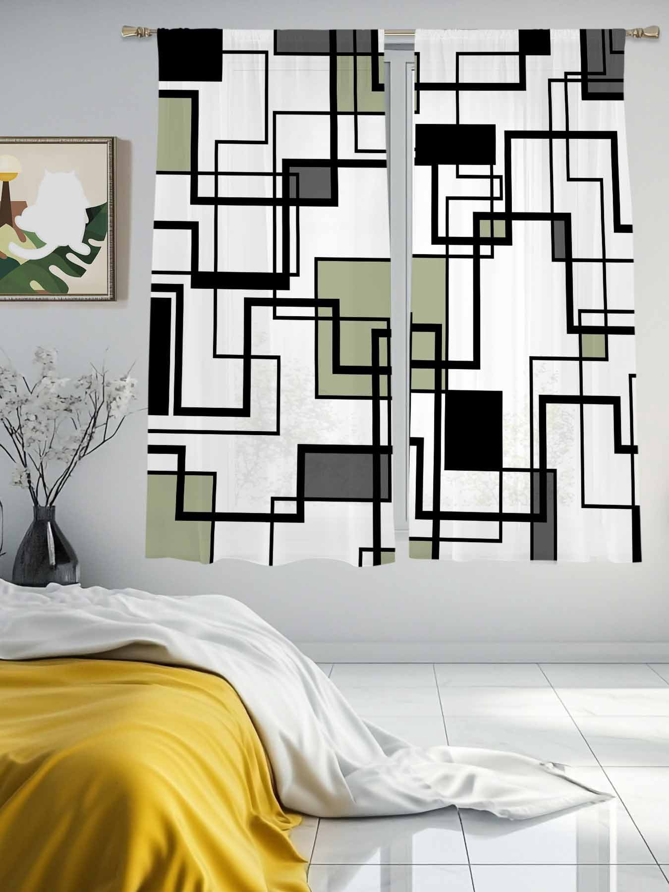 Abstract Geometric Lines Art Chiffon Sheer Curtains 63 Inches Long ...