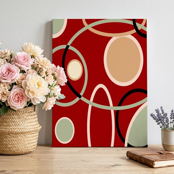 Abstract Geometric Lines Canvas Wall Art, Circular Texture Red Brown Framed Canvas Wall Decor Picture Print Artwork Decorations for Living Room Office Ready to Hang 12" x 8"