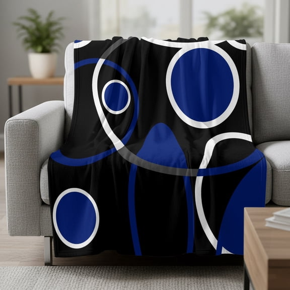 Abstract Geometric Lines Fleece Throw Blanket Circular Texture Blue Black Retro Ultra Soft Fuzzy Cozy Flannel Throw Blanket for Couch Sofa Bed Car Travel, Ideal Gifts 30x40 Inches