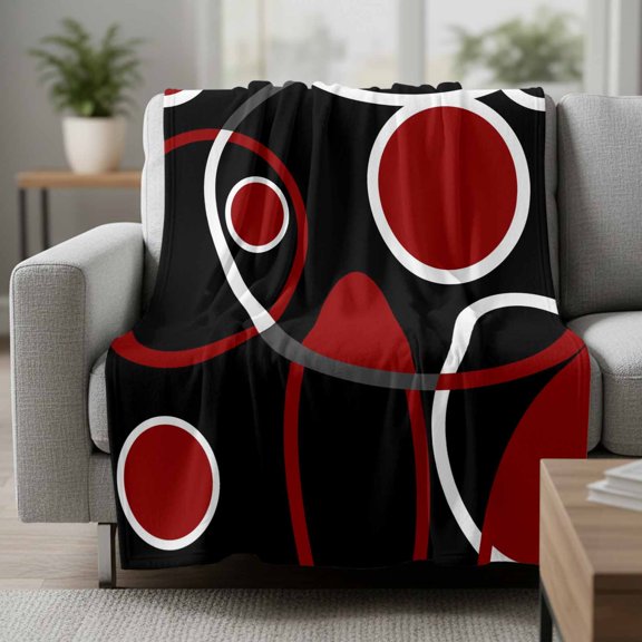 Abstract Geometric Lines Fleece Throw Blanket Circular Texture Red Black Retro Ultra Soft Fuzzy Cozy Flannel Throw Blanket for Couch Sofa Bed Car Travel, Ideal Gifts 30x40 Inches