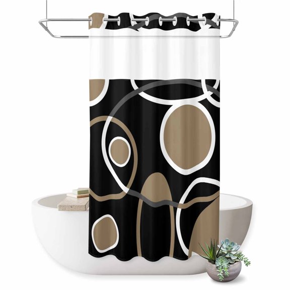 Abstract Geometric Lines No Hook Shower Curtain Circular Texture Black Brown Retro Shower Curtain with See Through Top Window, Waterproof Washable Fabric Curtain for Bathroom Hotel Decor, 36Wx72L