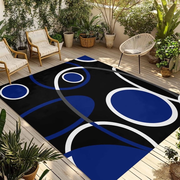 Abstract Geometric Lines Outdoor Rug, Circular Texture Blue Black Retro Non-Slip Area Rugs Carpet Breathable Large Floor Mat for Outdoors Patio Porch Deck Beach 3’ x 5’