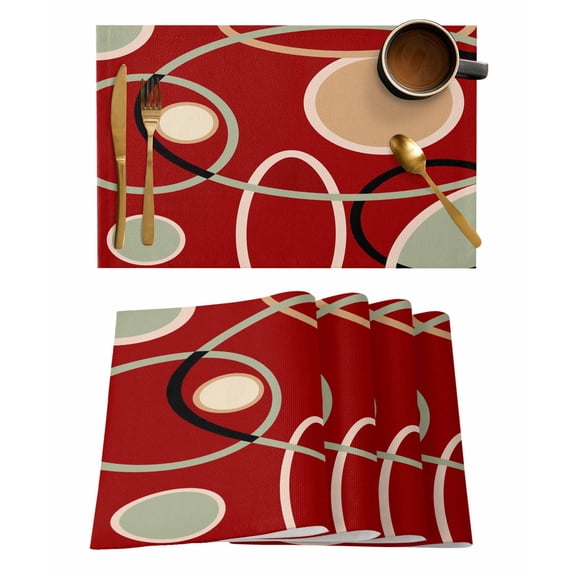 Abstract Geometric Lines Placemats Set of 2 Circular Texture Red Brown Heat Insulation Washable Place Mats, Rustic Non-Slip Table Mats for Dining Table Party Kitchen Decor,13x19 Inch