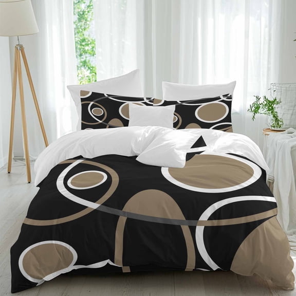 Abstract Geometric Lines Queen Size Comforter Set, Circular Texture Black Brown Retro Bedding for All Seasons, 4 Pcs Bed Set, 1Quiltcover (90"x92") ,1Sheet(94"x116"), 2Pillowcases (30"x20")
