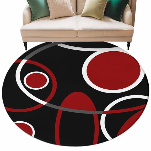 Abstract Geometric Lines Round Area&nbsp;Rug 5ft Circular Texture Red Black Retro Non-Slip&nbsp;Washable Circle Rugs Soft Felt Indoor Floor Mat for Bedroom Kitchen Living Room Bathroom
