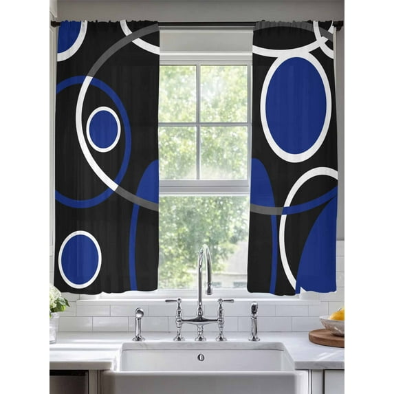 Abstract Geometric Lines Sheer Curtains 63 Inches Long 2 Panels Circular Texture Blue Black Retro Light Filtering Semi Sheer Window Curtains Drapes for Bedroom Living Room 52"x63"