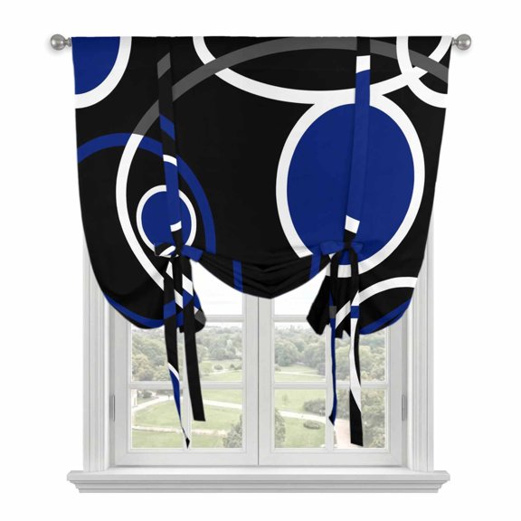 Abstract Geometric Lines Tie Up Curtain for Window, Circular Texture Blue Black Retro Adjustable Tie Up Balloon Curtain Valances Rod Pocket Window Treatment for Kitchen Bathroom Bedroom 52"x63"