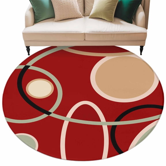 Abstract Geometric Lines Washable Area Rug&nbsp;5 ft Circular Texture Red Brown Soft Round&nbsp;Rugs for Living Room, Non Slip Carpet for Bedroom&nbsp;Entryway Dining Room