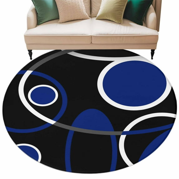 Abstract Geometric Lines Washable Area Rug 6 ft Circular Texture Blue Black Retro Soft Round Rugs for Living Room, Non Slip Carpet for Bedroom Entryway Dining Room
