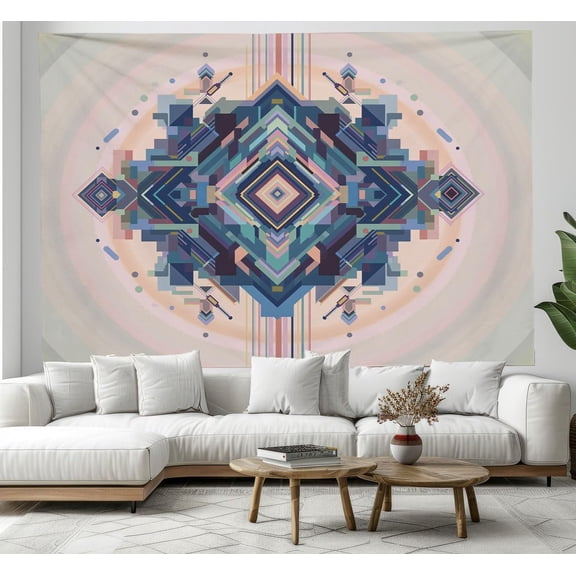 Abstract Geometric Mandala Tapestry, Minimalist Aztec Wall Backdrop, Nature Tapestries Wall Hanging Art Mural For Living Room Bedroom Decor, Beige 40 X 30 Inches
