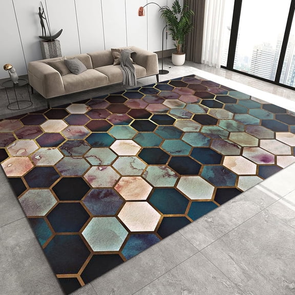 Abstract Geometric Marble Area Rugs, Gold Plated Lines Hexagon Pattern Retro Art Apartment Carpet, Bedroom Rug Do Not Fade Pattern Clear Apply to Kitchen Dining Children's Room 2x3ft