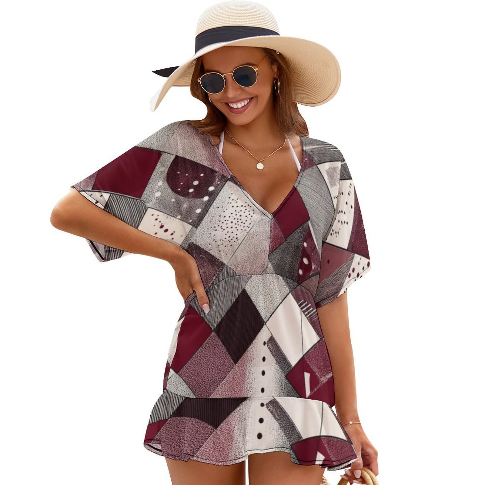 Abstract Geometric Maroon Pattern Beach Cover Ups Women V Neck Short ...