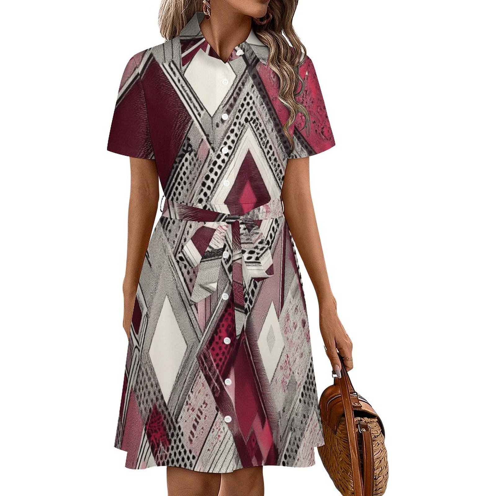 Abstract Geometric Maroon Pattern Womens Shirt Dresses Women'S Short ...