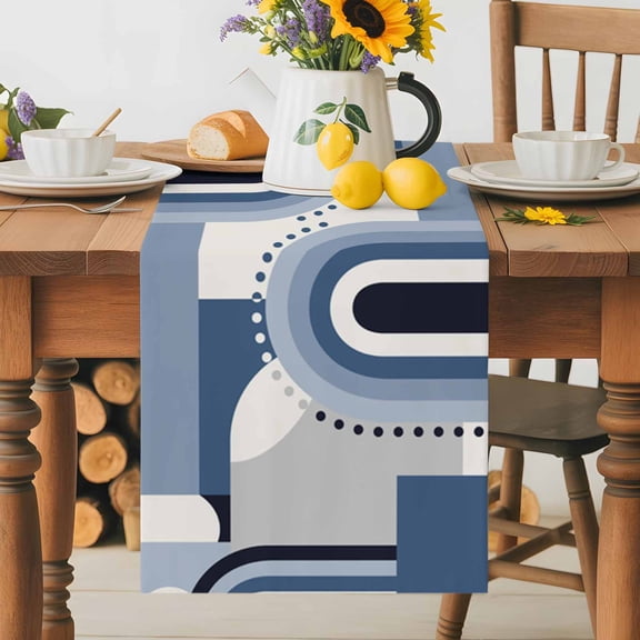 Abstract Geometric Mid Century Half Circle Table Runner 70 Inches Long, Blue Gradient Stripes Table Runners Tabletop Scarf Kitchen Dining Tables Decoration for Home Party Indoor Outdoor