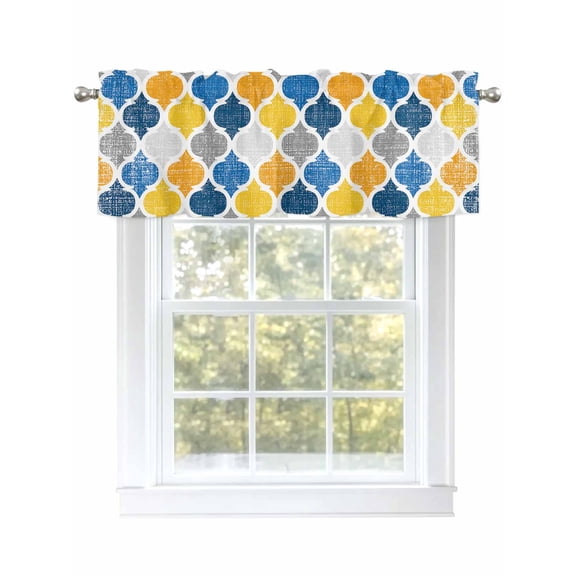 Abstract Geometric Morocco Pattern Valances for Windows, Rod Pocket Kitchen Valance Curtains - Soft & Washable Small Window Treatment for Living Room, Bathroom, Yellow and Blue 54x18inch, 1 Panel