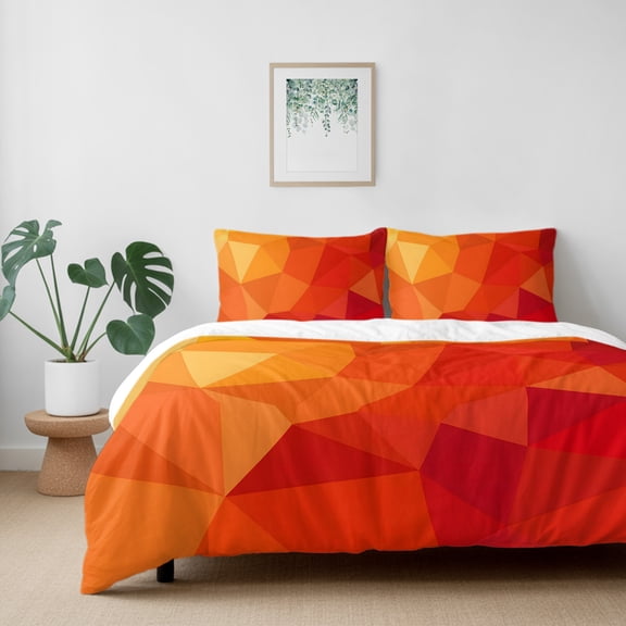 Abstract Geometric Mosaic Triangular Shapes California King Size Bed Set,Orange Burnt Bedding for All Seasons,4 Pcs Bed Set with 1 Quiltcover (96"x104"),1 Sheet (110"x98"),2 Pillowcases (20"x36")