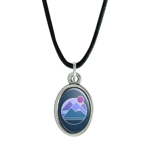Abstract Geometric Mountainscape Antiqued Oval Charm Pendant with Black Satin Cord