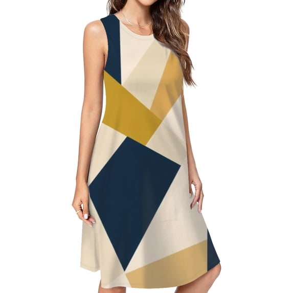 Abstract Geometric Mustard Navy Art Dress Elegant Party Dresses Evening Dresses Women Dress Sleeveless Dress Ladies Dresses