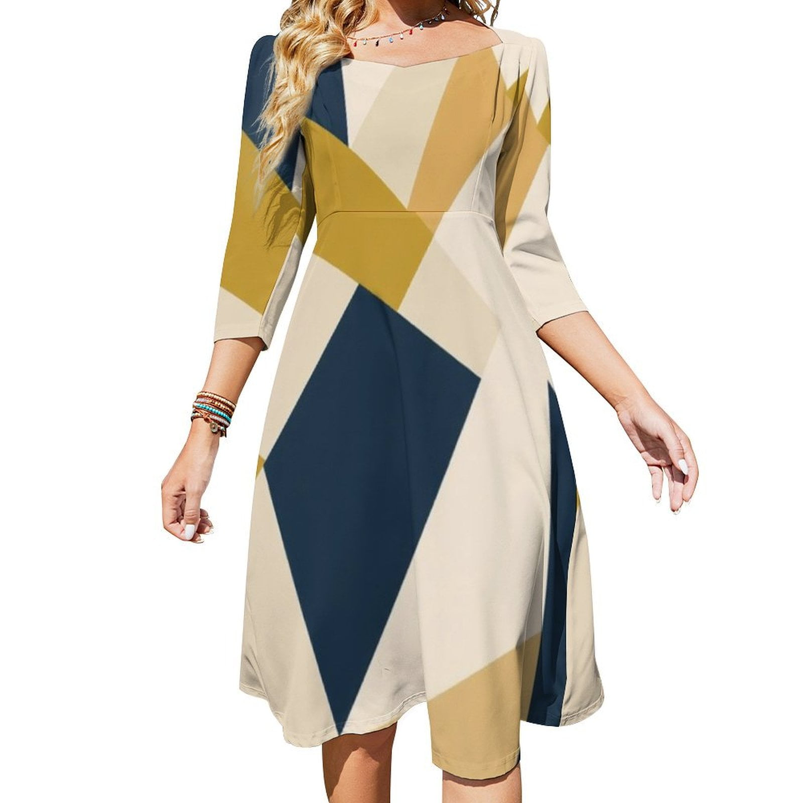 Abstract Geometric Mustard Navy Art Women's Fall Dresses Casual Loose ...