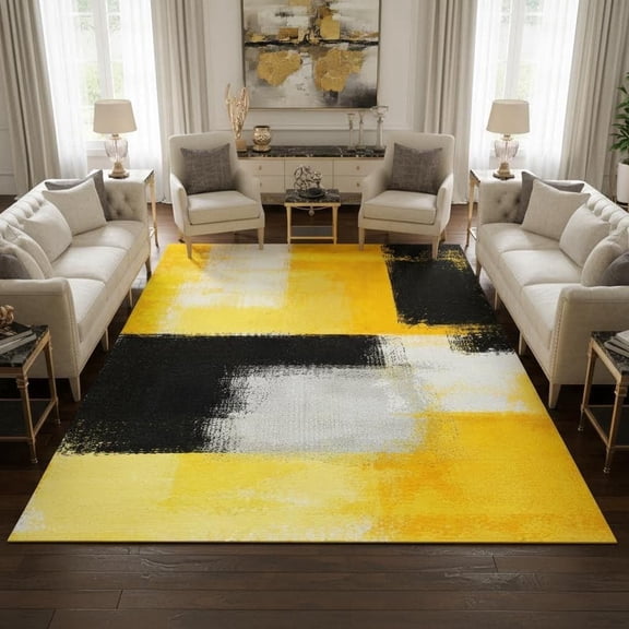 Abstract Geometric Mustard Yellow Black Area Rug, Modern Design Carpet, Washable Non Slip Soft Pile, Living Room Bedroom Dining Room Playroom Office Mat 2x3ft