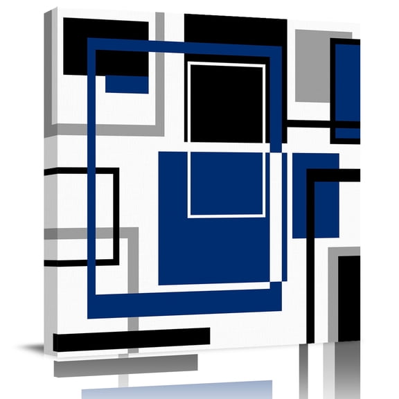 Abstract Geometric Navy Blue Color Block Canvas Artwork Painting Art, Gray Stripe Modern Art Square Framed Wall Decorations Prints Picture for Bedroom Kitchen Living Room, 12x12 in