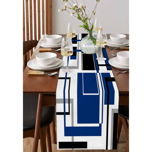 Abstract Geometric Navy Blue Color Block Table Runner 13x36in Non-Slip Cotton Linen Table Runners, Gray Stripe Modern Art Dresser Scarves TableRunner for Dinner Kitchen Dining Wedding Party