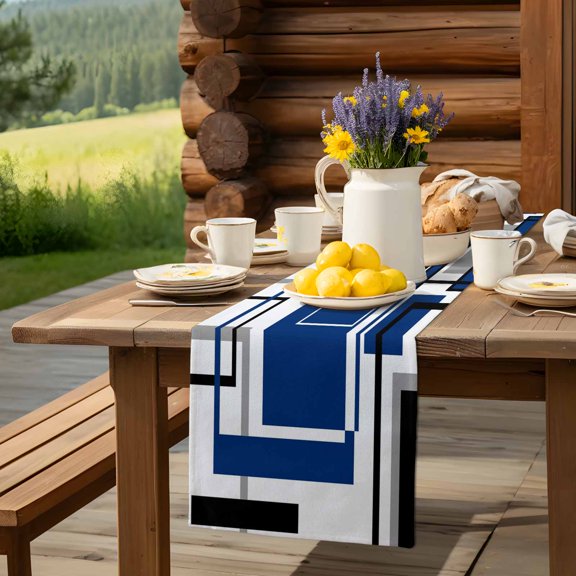 Abstract Geometric Navy Blue Color Block Table Runner 13x90in Non-Slip Cotton Linen Table Runners, Gray Stripe Modern Art Dresser Scarves TableRunner for Dinner Kitchen Dining Wedding Party