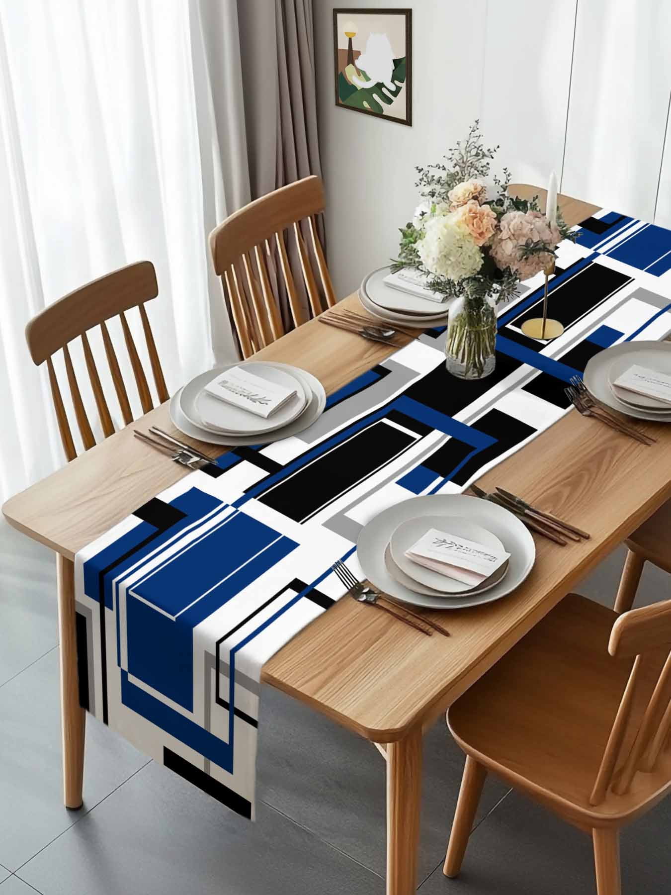 Abstract Geometric Navy Blue Color Block Table Runner 90 Inches Long, Gray Stripe Modern Art Table Runners Tabletop Scarf Kitchen Dining Tables Decoration for Home Party Indoor Outdoor