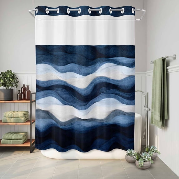 Abstract Geometric Navy Blue Water Ripple No Hook Shower Curtain with ...