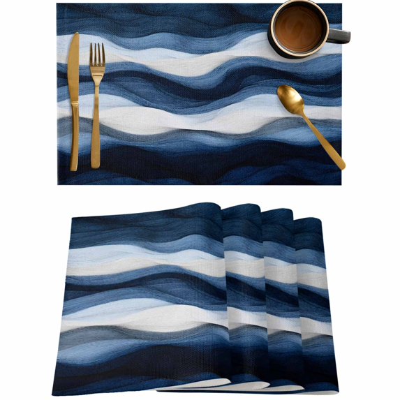 Abstract Geometric Navy Blue Water Ripple Placemats Set of 4,Wipeable Washable Table Mats for Dining Tables,Gradient Stripe Color Block Place Mats for Kitchen Event Party Tabletop Decor