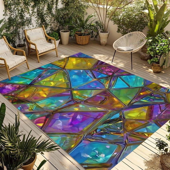 Abstract Geometric Outdoor Rug 3x5 ft Rainbow Gradient Crystal Color Blocks Modern Non Slip Patio Rug Washable Absorbent Large Outdoor Carpet Outside Mat for Porch RV Garden Camping