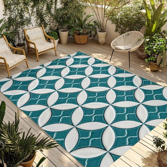 Abstract Geometric Outdoor Rug for Patio/Deck/Porch, Non-Slip Large Area Rug 5 x 8 Ft, Vintage Rhombus Circle Texture Green Indoor Outdoor Rugs Washable Area Rugs, Camping Rug Carpet Runner