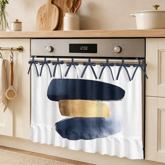 Abstract Geometric Oven Skirt Curtain, Black Gold Color Block Tie Top ...