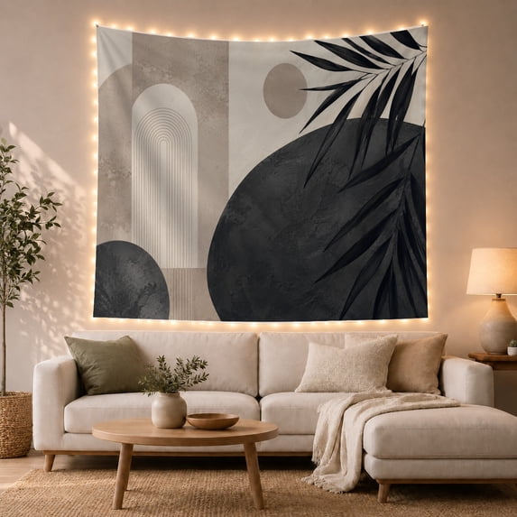 Abstract Geometric Palm Frond on Neutral Panels, Serene Minimalist for Modern Art Lovers, Contemporary Wall Art, Housewarming Gift, Tapestry Wall Hanging for Living Room and Bedroom